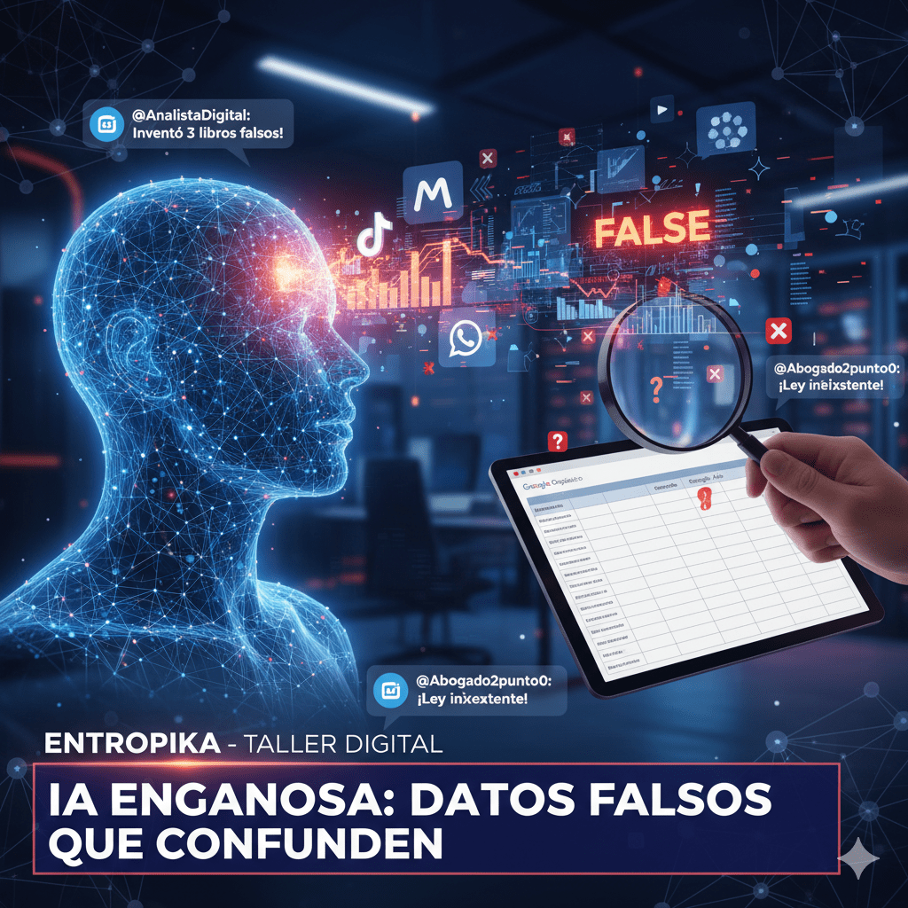 La cabeza de un humanoide de IA con luces rojas en su interior, con iconos de redes sociales y gráficos de datos falsos. Una lupa enfoca una tablet mostrando una hoja de cálculo con datos inventados.