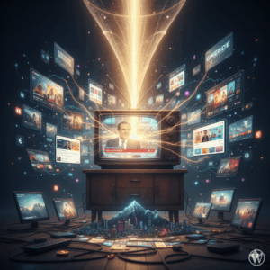 Televisor antiguo que emite un rayo de luz compitiendo contra múltiples pantallas y dispositivos digitales (móviles, tablets) flotando alrededor, simbolizando la guerra por la atención entre la TV tradicional y las plataformas de video online.