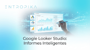 Dashboard profesional de Google Looker diseñado por Entropika para informes automatizados de marketing digital, integrando análisis de datos y optimización SEO bajo el concepto de ballena azul ia.