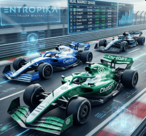 Gráfico conceptual de la cuota de mercado IA 2026 representado como una carrera de Fórmula 1 entre ChatGPT (verde), Gemini (azul) y DeepSeek (negro). Diseño de Entropika.