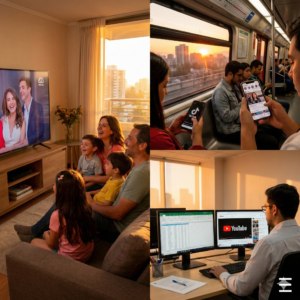 Collage de consumo de medios en Chile: familia viendo teleserie en TV, pasajeros en el Metro de Santiago revisando TikTok al atardecer y oficinista viendo YouTube. Gráfica de Entropika para el nuevo rating online.