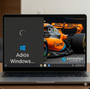 Comparativa visual en pantalla dividida: a la izquierda adiós Windows cargando lento y a la derecha bienvenido Chrome OS Flex con velocidad de un McLaren F1.