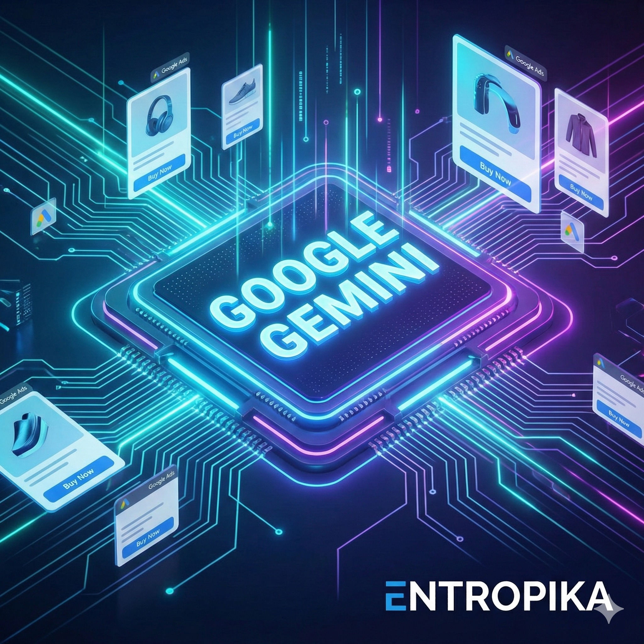 Gráfica tecnológica de Google Gemini y compras en anuncios integrados, destacando la nueva era del retail digital con el sello de Entropika.