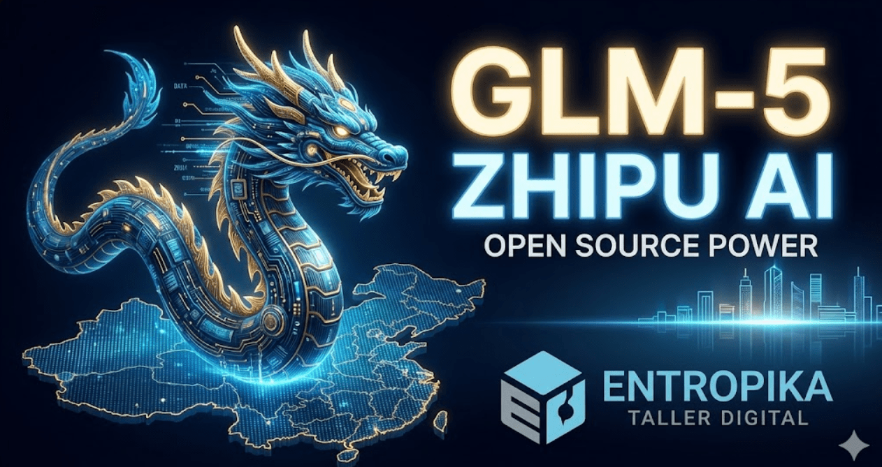 Gráfica del modelo GLM-5 Zhipu AI representado como un dragón tecnológico.