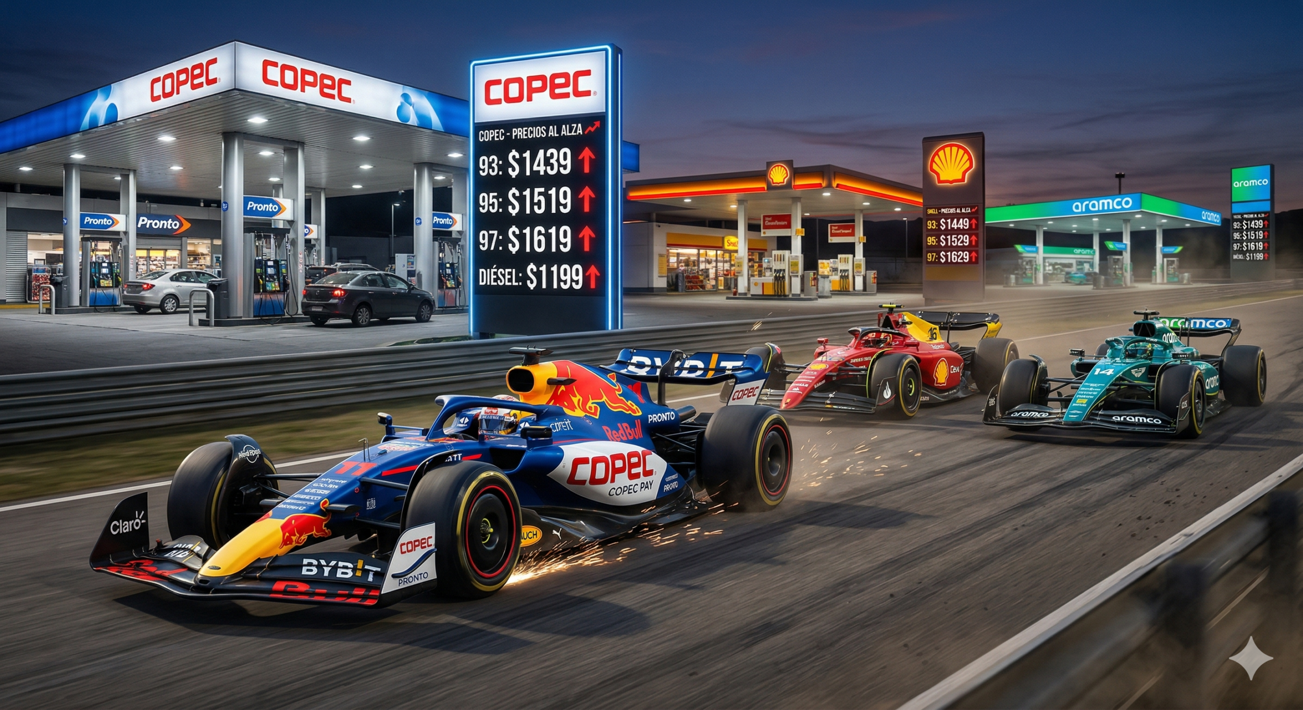 Una imagen fotorrealista de una carrera nocturna de Fórmula 1 en una pista rodeada de gasolineras chilenas e internacionales. Tres monoplazas compiten: el líder es un Red Bull modificado con la librea de Copec Pay y Pronto; le sigue un Ferrari con la librea de Shell; y un Aston Martin con la librea de Aramco. Al fondo, estaciones de servicio iluminadas de Copec, Shell y Aramco. Un gran letrero electrónico de Copec muestra 'PRECIOS AL ALZA' con flechas rojas y precios detallados para gasolina y diésel.
