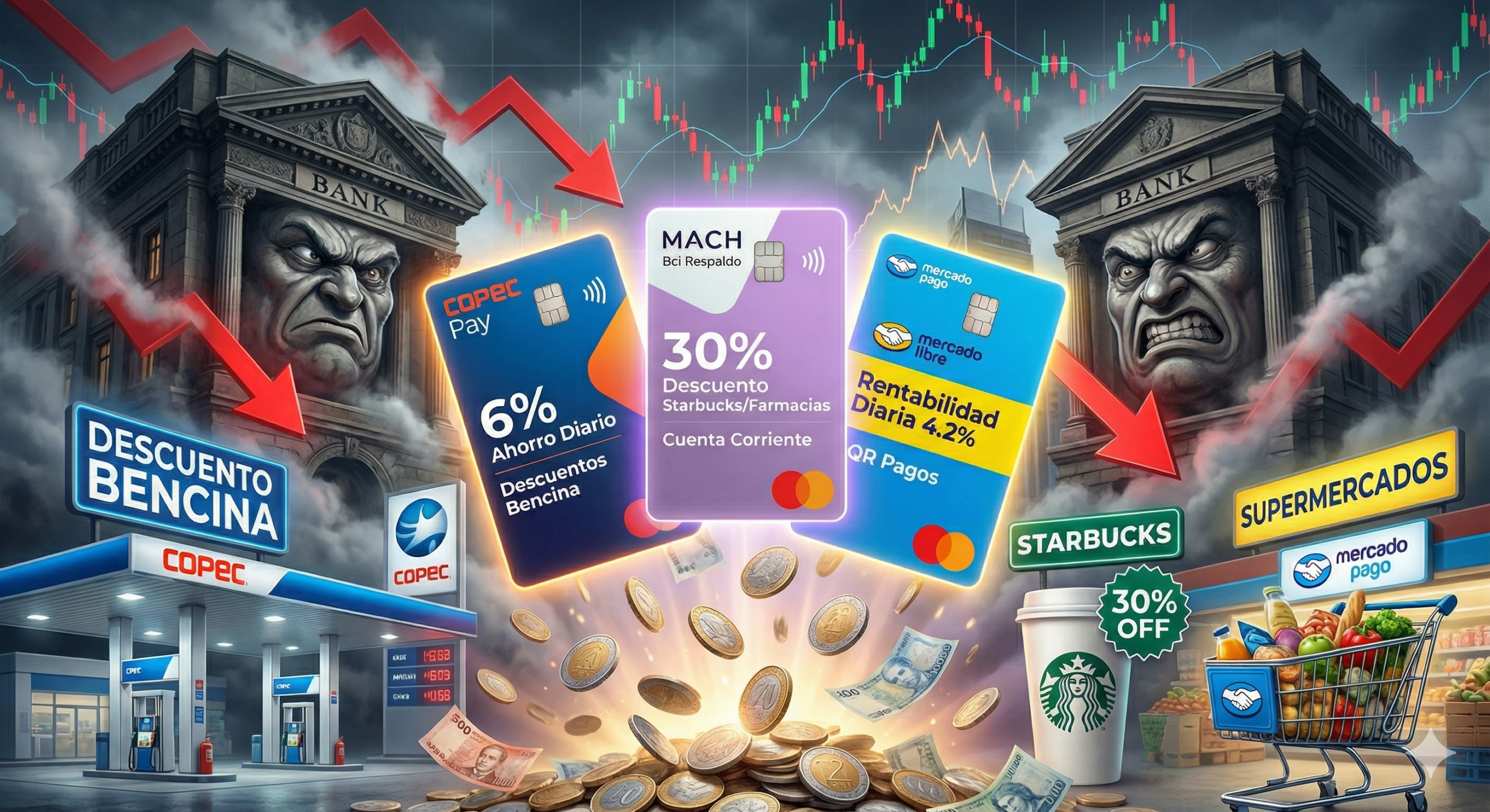 Comparativa de billeteras digitales en Chile 2026: Tarjetas de Mercado Pago, Copec Pay y MACH destacando rentabilidad del 6% y descuentos en bencina frente a la banca tradicional.